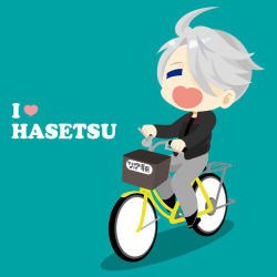 Rule 34 | 1boy, aqua background, bicycle, bicycle basket, closed eyes, english text, hair over one eye, heart-shaped mouth, highres, jacket, kaorin minogue, male focus, open mouth, riding, riding bicycle, silver hair, smile, viktor nikiforov, yuri!!! on ice