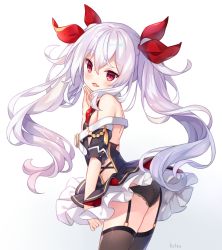 Rule 34 | 1girl, azur lane, bare shoulders, belt, belt buckle, black dress, black panties, black thighhighs, buckle, commentary request, cowboy shot, dress, from side, garter straps, hair between eyes, hair ribbon, hand to own mouth, head tilt, hitsukuya, long hair, looking at viewer, looking to the side, panties, parted lips, red eyes, red ribbon, ribbon, silver hair, simple background, smile, solo, thighhighs, twintails, underwear, vampire (azur lane), very long hair, white background, white belt