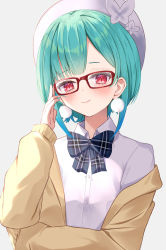 Rule 34 | 1girl, blue bow, blue bowtie, blue hair, blush, bow, bowtie, breasts, brown jacket, collared shirt, commentary request, earrings, glasses, green hair, hat, highres, hololive, jacket, jewelry, long sleeves, looking at viewer, multicolored hair, plaid, plaid bow, plaid bowtie, pom pom (clothes), pom pom earrings, saki (saki paint), school uniform, shirt, short hair, simple background, smile, solo, streaked hair, upper body, uruha rushia, uruha rushia (school uniform), virtual youtuber, white background, white hat, white shirt