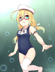 Rule 34 | 10s, 1girl, bad id, bad pixiv id, blonde hair, dated, glasses, green eyes, hat, highres, i-8 (kancolle), kantai collection, long hair, low twintails, niwatori (shimatori042), peaked cap, school swimsuit, solo, swimsuit, thighhighs, twintails, twitter username, underwater, white thighhighs