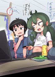 Rule 34 | 1boy, 1girl, alcohol, beer, beer can, belly, black eyes, blouse, blue shirt, can, child, chopsticks, clock, computer, drink can, flat chest, green hair, hand on own chin, highres, indoors, laptop, long hair, midriff, navel, open mouth, original, plate, plump, pointing, popporunga, shirt, sitting, stroking own chin, table, translation request, wall clock, white shirt