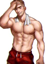 Rule 34 | 1boy, abs, bara, greenteaa, highres, large pectorals, male focus, mature male, muscular, muscular male, navel, nipples, original, pectorals, red shorts, short hair, shorts, solo, spiked hair, thick eyebrows, topless male, towel, towel around neck