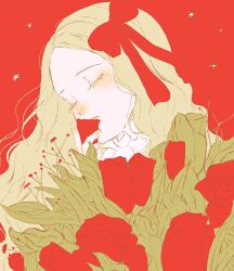 Rule 34 | 1girl, blonde hair, blush, bouquet, bow, closed eyes, closed mouth, commentary, fingernails, flower, hair bow, head tilt, highres, holding, holding flower, leaf, long hair, nose blush, original, red background, rose, shim 46, shirt, simple background, solo, star (sky), upper body, white shirt