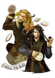 Rule 34 | 2boys, bad id, bad pixiv id, black coat, blonde hair, blue eyes, bowl, braid, brown coat, brown eyes, brown hair, brown pants, character name, closed mouth, coat, commentary request, copyright name, cowboy shot, cropped legs, facial hair, fili, fur coat, grey shirt, holding, holding plate, holding smoking pipe, kili (the hobbit), long hair, long sleeves, looking at another, looking back, male focus, multiple boys, mustache, open mouth, pants, plate, reload9 yohji, shirt, simple background, smile, smoking pipe, stubble, the hobbit, tolkien&#039;s legendarium, tolkien's legendarium, white background