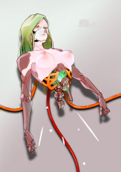 Rule 34 | 1girl, 591mm, absurdres, android, breasts, colored eyelashes, female focus, glowing, green hair, half-closed eyes, highres, joints, lips, lying, mask, mechanical parts, mouth mask, nipples, original, red eyes, robot joints, science fiction, severed torso, solo, vial, wire
