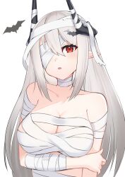 Rule 34 | 1girl, absurdres, arknights, bandage over one eye, bandages, bare shoulders, breasts, chest sarashi, cleavage, commentary request, grey hair, highres, horns, k@bu, large breasts, long hair, looking at viewer, mudrock (arknights), mummy costume, parted lips, pointy ears, red eyes, sarashi, simple background, solo, upper body, very long hair, white background