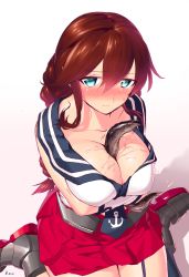 Rule 34 | 10s, 1girl, aqua eyes, between breasts, blew andwhite, blush, braid, breast hold, breasts, brown hair, eel, full-face blush, garter straps, highres, kantai collection, large breasts, long hair, looking at viewer, mucus, noshiro (kancolle), school uniform, serafuku, sexually suggestive, single thighhigh, sitting, skirt, solo, thighhighs, wariza