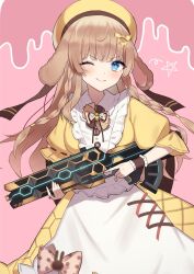 Rule 34 | 1girl, aotake iro, apex legends, assault rifle, beret, blue eyes, bow, breasts, brown bow, bullpup, commission, floppy ears, gun, hair bow, hat, highres, holding, holding gun, holding weapon, indie virtual youtuber, long hair, looking at viewer, medium breasts, pink background, rifle, skeb commission, smile, solo, star (symbol), trigger discipline, tsukidate ruchika, v-shaped eyebrows, virtual youtuber, vk-47 flatline, weapon, yellow background, yellow bow