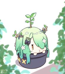 Rule 34 | 1girl, absurdres, artist name, black bow, bow, ceres fauna, chibi, flower, green hair, hair bow, hair ornament, hair over one eye, hairclip, highres, hololive, hololive english, leaf, mole, mole under eye, namiorii, plant, plant on head, potted plant, shadow, solo, virtual youtuber, white flower, yellow eyes