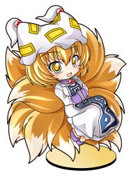 Rule 34 | 1girl, bad id, bad pixiv id, blonde hair, chibi, dress, female focus, fox tail, hands in opposite sleeves, hat, hat with ears, looking at viewer, multiple tails, open mouth, shinjitsu, short hair, smile, solo, tabard, tail, tail chair, touhou, white dress, yakumo ran, yellow eyes