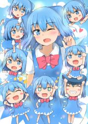 Rule 34 | + +, 6+girls, :d, ;d, ^ ^, arm behind back, arm up, blue dress, blue eyes, blue hair, blush stickers, bow, bowtie, bright pupils, chibi, cirno, clenched hand, clenched hands, clone, closed eyes, commentary, commentary request, cowboy shot, dress, fang, grin, hair ribbon, head tilt, heart, highres, index finger raised, lifting person, looking at another, looking at viewer, lying on another, mini person, minigirl, mizune (winter), multiple girls, one eye closed, open mouth, outstretched arms, partial commentary, pinafore dress, puffy short sleeves, puffy sleeves, red bow, red neckwear, ribbon, shirt, short hair, short sleeves, sitting, sitting on person, skin fang, sleeveless, sleeveless dress, smile, spread arms, standing, teeth, touhou, white pupils, white shirt, wings