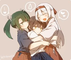 Rule 34 | ..., 10s, 3girls, beige background, blush stickers, brown hair, commentary request, closed eyes, girl sandwich, green eyes, green hair, hair ribbon, hairband, head on head, heart, hug, ina (1813576), japanese clothes, kaga (kancolle), kantai collection, long hair, multiple girls, open mouth, ribbon, sandwiched, shoukaku (kancolle), side ponytail, simple background, spoken ellipsis, spoken heart, spoken sweatdrop, sweatdrop, twintails, twitter username, white hair, yellow eyes, zuikaku (kancolle)