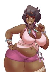 Rule 34 | 1girl, bare shoulders, black eyes, black hair, breasts, cleavage, creatures (company), dark-skinned female, dark skin, fat, female focus, game freak, jewelry, large breasts, looking at viewer, meganemausu, navel, necklace, nintendo, olivia (pokemon), pokemon, pokemon sm, short hair, smile, solo, thick thighs, thighs, wide hips