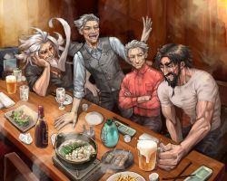 Rule 34 | 4boys, absurdres, ahoge, alcohol, beard, beer, beer mug, black hair, blue eyes, casual, christopher columbus (fate), crossed arms, cup, edward teach (fate), facial hair, fate/grand order, fate (series), food, glass, goatee, grey hair, grin, highres, huge filesize, imperial head guard (fate/grand order), james moriarty (archer) (fate), li shuwen (fate), li shuwen (old) (fate), male focus, mug, multiple boys, mustache, old, old man, red eyes, skewer, smile, tapioka chaso, tears, vest
