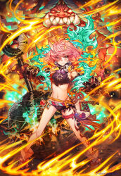Rule 34 | 1girl, age of ishtaria, bare shoulders, blush, burning, closed mouth, club (weapon), copyright notice, earrings, fang, fire, full body, highres, holding, holding club, holding weapon, horns, jewelry, leg tattoo, looking at viewer, munlu (wolupus), navel, official art, oni, panties, red eyes, red hair, shuten (age of ishtaria), single horn, skull earrings, solo, standing, tattoo, thigh strap, underwear, weapon