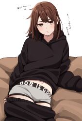 Rule 34 | 1girl, arrow (symbol), black hoodie, black pants, blush, bob cut, boyshort panties, brown eyes, brown hair, closed mouth, clothes pull, clothes writing, commentary request, english text, highres, hood, hood down, hoodie, kapatarou, long sleeves, looking at viewer, navel, original, pants, pants pull, puffy long sleeves, puffy sleeves, revision, simple background, sleeves past wrists, solo, thick eyebrows, translation request, white background