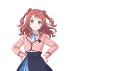 Rule 34 | 1girl, artist request, belt buckle, blazer, blue eyes, blue ribbon, blue skirt, buckle, buttons, closed jacket, closed mouth, cowboy shot, cropped jacket, dress shirt, emblem, eyelashes, gakuen idolmaster, hair rings, half-skirt, hanami saki, hands on own hips, high-waist skirt, highres, idolmaster, jacket, lapels, long sleeves, looking at viewer, medium hair, neck ribbon, notched lapels, official art, overskirt, pink jacket, pleated skirt, red hair, ribbon, shirt, shirt tucked in, skirt, smile, solo, swept bangs, transparent background, two side up, wavy hair, white shirt
