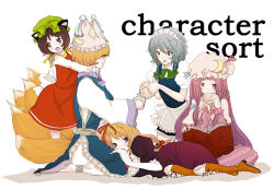 5girls animal_ears bad_id bad_pixiv_id cai cat_ears cat_girl chen cup female_focus fox_tail izayoi_sakuya multiple_girls patchouli_knowledge tail teacup touhou yakumo_ran yakumo_yukari