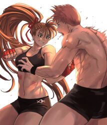 Rule 34 | 1boy, 1girl, 6maker, abs, blood, breasts, brown hair, cleavage, domination, femdom, fighting, fingerless gloves, gloves, grin, hair ribbon, injury, large breasts, legs, long hair, midriff, mixed-sex combat, muscular, muscular female, muscular male, navel, open mouth, ponytail, punching, ribbon, short hair, short shorts, shorts, smile, sports bra, takeuchi yuka, thighs, variable geo, very long hair