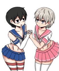 Rule 34 | 2boys, cosplay, crossdressing, hair between eyes, highres, holding hands, lee hoon, male focus, multiple boys, striped clothes, striped thighhighs, suicide boy, thighhighs, totsuka saika, trap, yaoi
