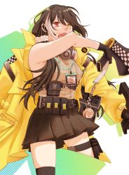Rule 34 | 1girl, ammunition belt, bad id, bad pixiv id, belt, black gloves, black hair, black skirt, brown sweater vest, colt 9mm smg, feet out of frame, gas mask, girls&#039; frontline, gloves, gun, heterochromia, holding, holding gun, holding megaphone, holding weapon, jacket, long hair, looking at viewer, mask, mask around neck, megaphone, multicolored hair, open clothes, open jacket, open mouth, rabb horn, red eyes, ro635 (girls&#039; frontline), ro635 (mod3) (girls&#039; frontline), simple background, skirt, solo, standing, submachine gun, sweater vest, weapon, yellow eyes, yellow jacket