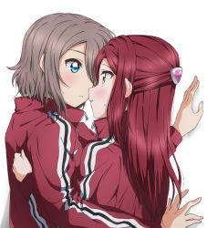 Rule 34 | 2girls, absurdres, blue eyes, blush, brown hair, couple, eye contact, from side, hair ornament, highres, jacket, long hair, long sleeves, looking at another, love live!, love live! sunshine!!, multiple girls, parted lips, red hair, red jacket, sakurauchi riko, simple background, sweatdrop, track jacket, upper body, watanabe you, white background, yellow eyes, yuchi (salmon-1000), yuri