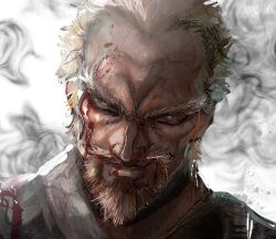 1boy askeladd beard blonde_hair blood blood_on_face close-up commentary facial_hair hanpen_kounaien highres looking_at_viewer male_focus short_hair smile smirk smoke solo splatter vinland_saga