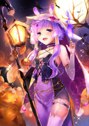Rule 34 | 1girl, ayamori mimi, bare shoulders, bat (animal), blurry, breasts, chain, choker, collarbone, commentary request, cowboy shot, crescent, cross, depth of field, detached sleeves, dress, fingernails, fire, full moon, garter straps, gem, hair tubes, halloween, highres, holding, holding staff, jack-o&#039;-lantern, lantern, lens flare, long hair, looking at viewer, magic, moon, nail polish, night, night sky, open mouth, outdoors, pumpkin, purple eyes, purple hair, purple nails, short hair with long locks, sidelocks, sky, small breasts, smile, solo, sparkle, staff, standing, star (sky), starry sky, thigh strap, thighhighs, tree, veil, vocaloid, voiceroid, white thighhighs, yuzuki yukari
