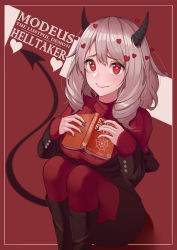 Rule 34 | 1girl, absurdres, black footwear, black horns, book, boots, breasts, character name, closed mouth, copyright name, demon girl, demon tail, drill hair, grey hair, harris hero, heart, heart-shaped pupils, helltaker, highres, horns, knee boots, large breasts, looking at viewer, modeus (helltaker), pantyhose, red eyes, red sweater, ribbed sweater, short hair, sitting, solo, sweater, symbol-shaped pupils, tail, turtleneck, turtleneck sweater, twin drills