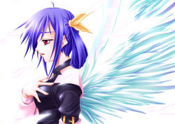 Rule 34 | 1girl, :d, ahoge, arc system works, bare shoulders, black dress, choker, collarbone, dizzy (guilty gear), dress, feathered wings, from side, guilty gear, hand on own chest, off-shoulder dress, off shoulder, open mouth, profile, purple hair, red eyes, short hair, simple background, smile, solo, upper body, uraomote, white background, wings