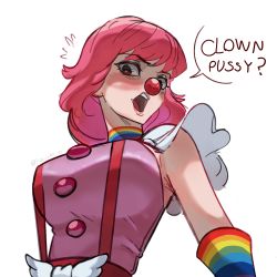 Rule 34 | 1girl, ace attorney, blush, breasts, capcom, clown, clown girl, clown nose, dress, english text, eyeshadow, geiru toneido, highres, large breasts, makeup, open mouth, phoenix wright: ace attorney - spirit of justice, pink dress, pink hair, rainbow, ribosoma 42, simple background, solo, suspenders, suspenders gap, talking, upper body, white background