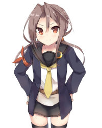 Rule 34 | &gt;:), 1girl, alternate costume, alternate hairstyle, amano kouki, brown eyes, brown hair, c:, commentary request, cosplay, highres, jacket, kantai collection, long hair, looking at viewer, satsuki (kancolle), satsuki (kancolle) (cosplay), school uniform, serafuku, simple background, smile, solo, thighhighs, twintails, v-shaped eyebrows, white background, zettai ryouiki, zuihou (kancolle)