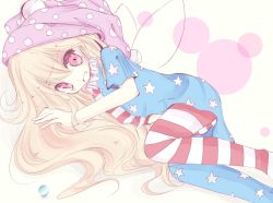 Rule 34 | 1girl, american flag dress, american flag legwear, blonde hair, clownpiece, dress, fairy wings, hat, inasa orange, jester cap, long hair, looking at viewer, lying, neck ruff, on side, pantyhose, polka dot, red eyes, short dress, short sleeves, simple background, solo, star (symbol), striped clothes, striped pantyhose, touhou, very long hair, wings