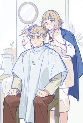 Rule 34 | 1boy, 1girl, apron, asymmetrical hair, blonde hair, blue coat, brother and sister, brown eyes, brown pants, brushing another&#039;s hair, brushing hair, chair, coat, coat on shoulders, collared shirt, commentary, cutting hair, dungeon meshi, falin touden, falin touden (tallman), feet out of frame, hair brush, hairdressing, hands on own knees, highres, holding, holding hair brush, holding scissors, indoors, laios touden, looking ahead, mirror, on chair, one eye closed, pants, scissors, shirt, short hair, shorts, siblings, sitting, standing, sweatdrop, symbol-only commentary, twins, undercut, white apron, white shirt, white shorts, wuliu heihuo