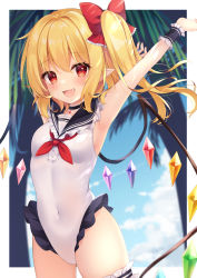 Rule 34 | 1girl, :d, arm up, armpits, black sailor collar, blonde hair, blue sky, bow, cloud, commentary request, crystal, day, fang, flandre scarlet, hair bow, highleg, highleg swimsuit, highres, looking at viewer, miy@, one-piece swimsuit, open mouth, palm tree, pointy ears, red bow, red eyes, sailor collar, short hair, side ponytail, sky, smile, solo, swimsuit, touhou, tree, white one-piece swimsuit, wings, wrist cuffs