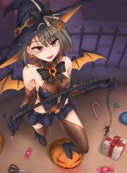 Rule 34 | 1girl, black gloves, black hair, black thighhighs, box, breasts, candy, candy cane, demon wings, earrings, elbow gloves, food, from above, gift, gift box, gloves, hair ornament, halloween, hat, highleg, highleg leotard, jack-o&#039;-lantern, jack-o&#039;-lantern hair ornament, jewelry, leotard, looking at viewer, nm (tshell2761), original, red eyes, resolution mismatch, see-through, short hair, skirt, small breasts, solo, source larger, thighhighs, whip, wings, witch hat