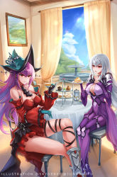 Rule 34 | 2girls, aqua gloves, aqua headwear, arknights, ascot, bare shoulders, boots, breasts, chair, cleavage, cleavage cutout, clothing cutout, commentary, commission, cosplay, costume switch, covered erect nipples, crossed legs, cup, detached sleeves, dress, english commentary, fate/grand order, fate (series), food, fruit tart, gloves, large breasts, long hair, multiple girls, name connection, official alternate costume, plate, red dress, red eyes, scathach (fate), scathach skadi (fate), scathach skadi (fate) (cosplay), scathach skadi (second ascension) (fate), short dress, silver hair, sitting, skadi (arknights), skadi (arknights) (cosplay), skadi the corrupting heart (arknights), skyde kei, smile, sweets, table, tart (food), tea, tea party, teacup, thigh strap, twitter username