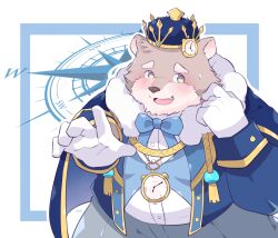 Rule 34 | 1boy, absurdres, bara, bear boy, blue bow, blue jacket, blue vest, blush, bow, buttons, compass, fang, fat, furry, furry male, gloves, green eyes, highres, jacket, jambavan (housamo), looking at viewer, male focus, pocket watch, shirt, solo, sweatdrop, tokyo houkago summoners, vest, watch, white gloves, white shirt, yed (yedsilent)