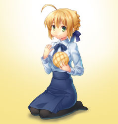 Rule 34 | 1girl, :t, absurdres, ahoge, artoria pendragon (fate), blonde hair, bread, dress, eating, fate/stay night, fate (series), food, food on face, green eyes, highres, melon bread, pantyhose, saber (fate), seiza, sitting, solo, wan89