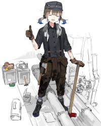 Rule 34 | 1other, astg, black footwear, black shirt, blue hair, boots, brown gloves, brown hair, closed eyes, clothes around waist, collared shirt, dirty, dirty clothes, dirty face, engineer nemo (fate), fate/grand order, fate (series), gloves, grey hat, hat, industrial pipe, nemo (fate), open mouth, shirt, short twintails, simple background, solo, standing, suspenders, towel, towel around neck, twintails