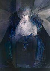 Rule 34 | 1boy, absurdres, arthropod boy, blue eyes, cape, collared shirt, crown, diamond hairband, dragonfly wings, elbow rest, fate/grand order, fate (series), full body, fur-trimmed cape, fur trim, grey hair, head rest, highres, insect wings, long sleeves, looking at viewer, male focus, manspreading, medium hair, oberon (fate), oberon (third ascension) (fate), shirt, sitting, solo, straight-on, tamago nashi, white shirt, wings