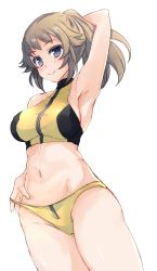 Rule 34 | 1girl, abenattou, adjusting clothes, adjusting swimsuit, arm behind head, arm up, armpits, bikini, blue eyes, blush, breasts, brown hair, cameltoe, closed mouth, cowboy shot, dutch angle, covered erect nipples, frontal wedgie, groin, gundam, gundam build fighters, gundam build fighters try, hoshino fumina, long hair, looking at viewer, medium breasts, navel, ponytail, sideboob, sidelocks, simple background, smile, solo, standing, stomach, swimsuit, thighs, wedgie, white background, yellow bikini