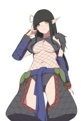 Rule 34 | 1girl, armor, black hair, blunt bangs, breasts, closed mouth, fewer digits, fishnets, gloves, hair ornament, hairband, highres, hinoa, large breasts, long hair, looking at viewer, midriff, monster hunter (series), monster hunter rise, nargacuga (armor), navel, panties, pointy ears, simple background, smile, solo, thighhighs, underwear, whitek, yellow eyes