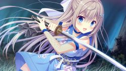 Rule 34 | 1girl, :d, black bow, blue eyes, blue kimono, blush, bow, da capo iv, detached sleeves, dutch angle, fishnet sleeves, fishnets, forest, game cg, hair between eyes, hair bow, hair ornament, holding, holding sword, holding weapon, japanese clothes, katana, kimono, light brown hair, long hair, long sleeves, nature, night, ninja, open mouth, outdoors, sagisawa arisu, short kimono, sleeveless, sleeveless kimono, smile, solo, standing, sword, thighhighs, very long hair, weapon, white bow, zettai ryouiki