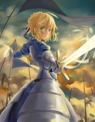 Rule 34 | 1girl, ahoge, armor, armored dress, artoria pendragon (all), artoria pendragon (fate), battlefield, blonde hair, cloud, cloudy sky, derivative work, fate/stay night, fate (series), flag, gradient background, green eyes, gsong-chan, highres, metal gloves, saber (fate), sky, solo, sword, weapon