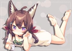 Rule 34 | ahoge, animal ear fluff, animal ears, barefoot, brown hair, can, child, collar, feet up, hair between eyes, hair ornament, head rest, jewelry, lying, matatabi (nigatsu), necklace, on stomach, purple eyes, red ribbon, ribbon, shark hair ornament, shirt, spaghetti strap, toes, twintails, white shirt