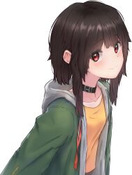 Rule 34 | 1girl, absurdres, alternate costume, blunt bangs, breasts, brown hair, catharpoon, choker, closed mouth, ears visible through hair, highres, jacket, kono subarashii sekai ni shukufuku wo!, looking at viewer, megumin, open clothes, open jacket, short hair, short hair with long locks, sidelocks, small breasts, smile, solo, transparent background, upper body
