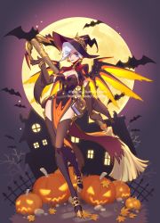 Rule 34 | 1girl, alternate costume, backlighting, bat (animal), breasts, cleavage, earrings, elbow gloves, full body, full moon, gloves, gold trim, halloween, halloween costume, hat, highres, jack-o&#039;-lantern, jewelry, leaves, lipstick, looking at viewer, makeup, mechanical wings, medium breasts, mercy (overwatch), moon, narrow waist, night, outdoors, overwatch, overwatch 1, pumpkin, purple eyes, purple lips, short hair, smile, solo, thighhighs, tumblr username, twitter username, watermark, web address, white hair, wings, witch, witch hat, witch mercy, ziyo ling