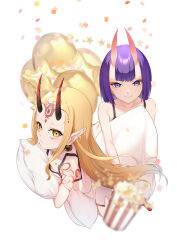 2girls absurdres bare_shoulders blonde_hair breasts eyeliner facial_mark fate/grand_order fate_(series) forehead forehead_mark hair_pulled_back highres horns ibaraki_douji_(fate) long_hair looking_at_viewer makeup multiple_girls oni purple_eyes purple_hair short_hair shuten_douji_(fate) skin-covered_horns small_breasts smile tattoo terasako yellow_eyes