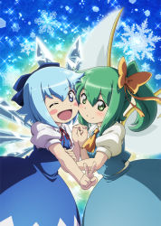 Rule 34 | 2girls, ;d, blue bow, blue dress, blue eyes, blue hair, blush, blush stickers, bow, cheek-to-cheek, cirno, daiyousei, dress, fairy wings, green eyes, green hair, hair bobbles, hair bow, hair ornament, hair ribbon, holding hands, heads together, ice, ice wings, interlocked fingers, looking at viewer, lunamoon, multiple girls, one eye closed, open mouth, puffy short sleeves, puffy sleeves, red ribbon, ribbon, shirt, short hair, short sleeves, side ponytail, skirt, skirt set, smile, snowflakes, the memories of phantasm, touhou, v, vest, wings, yellow bow